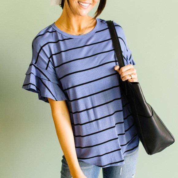 Dash of Pink Tops - Twice as Nice Striped Ruffle Top in Denim